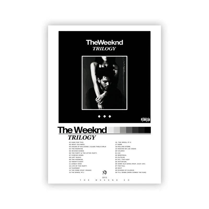 Black and white wall art poster featuring The Weeknd trilogy album artwork with a central photograph of the artist