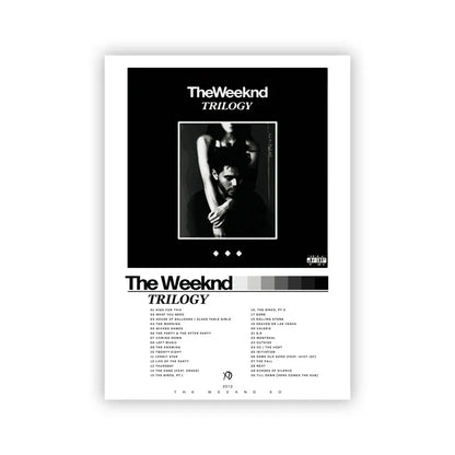 Black and white wall art poster featuring The Weeknd trilogy album artwork with a central photograph of the artist