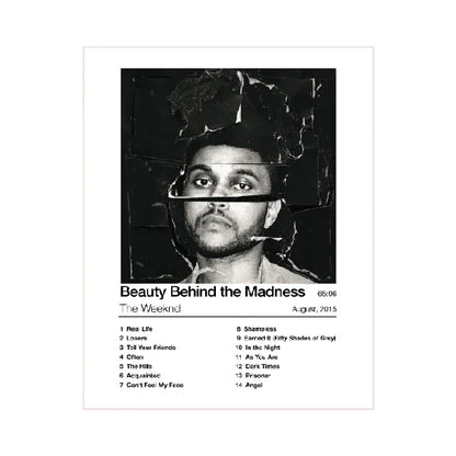 Black and white wall art poster of the weeknd beauty behind the madness with distressed collage portrait design