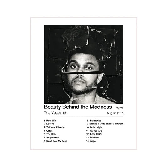 Black and white wall art poster of the weeknd beauty behind the madness with distressed collage portrait design