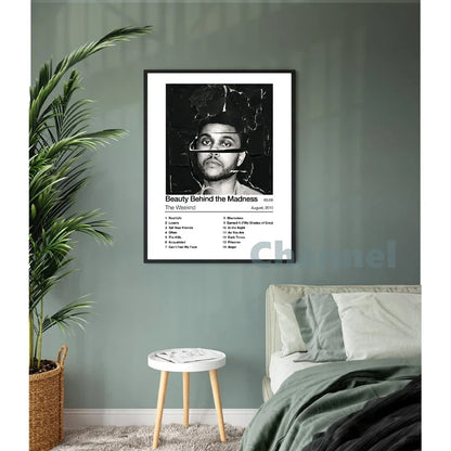 Black and white framed wall art poster of the weeknd beauty behind the madness album with tracklist and release date