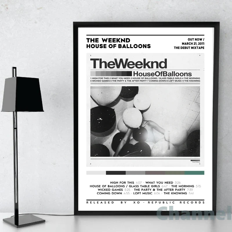 Black-framed wall art poster featuring a monochrome image of balloons and the weeknd house of balloons mixtape text