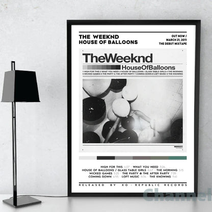 Black-framed wall art poster featuring a monochrome image of balloons and the weeknd house of balloons mixtape text
