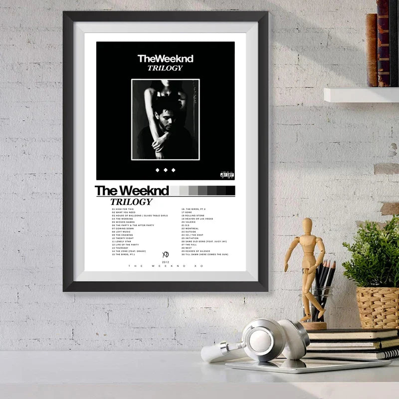 Black and white framed wall art poster of the weeknd trilogy album artwork perfect for home decor