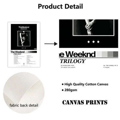Black and white canvas wall art of the weeknd trilogy album print on high-quality cotton for home decor