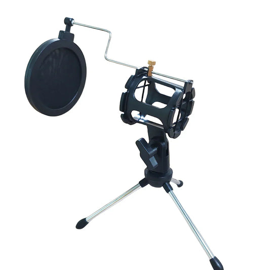 Black tripod microphone stand with shock mount pop filter for desktop streaming podcasting and vocal recording