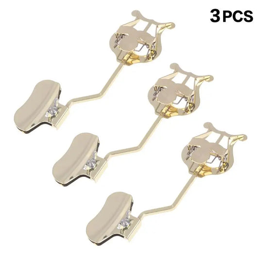 Gold-colored metal trombone lyre sheet music holder wind instrument with sleek reflective finish for portable music stand