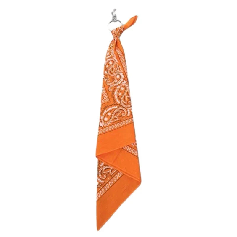 Vibrant orange cashew print square scarf with white paisley patterns and metal hook for trousers chains hip use