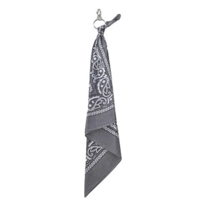Gray bandana with white paisley and dotted border featuring metal keychain loop for trousers chains hip and square scarf pants