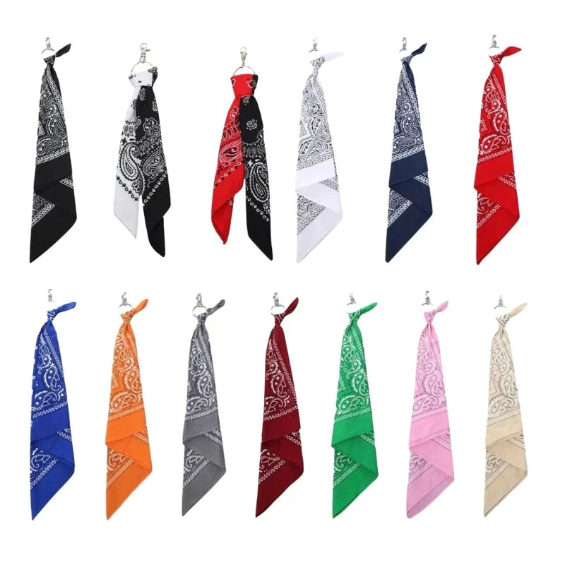 A collection of colorful cashew print square scarf pants chains with metal rings for easy attachment in hip hop style
