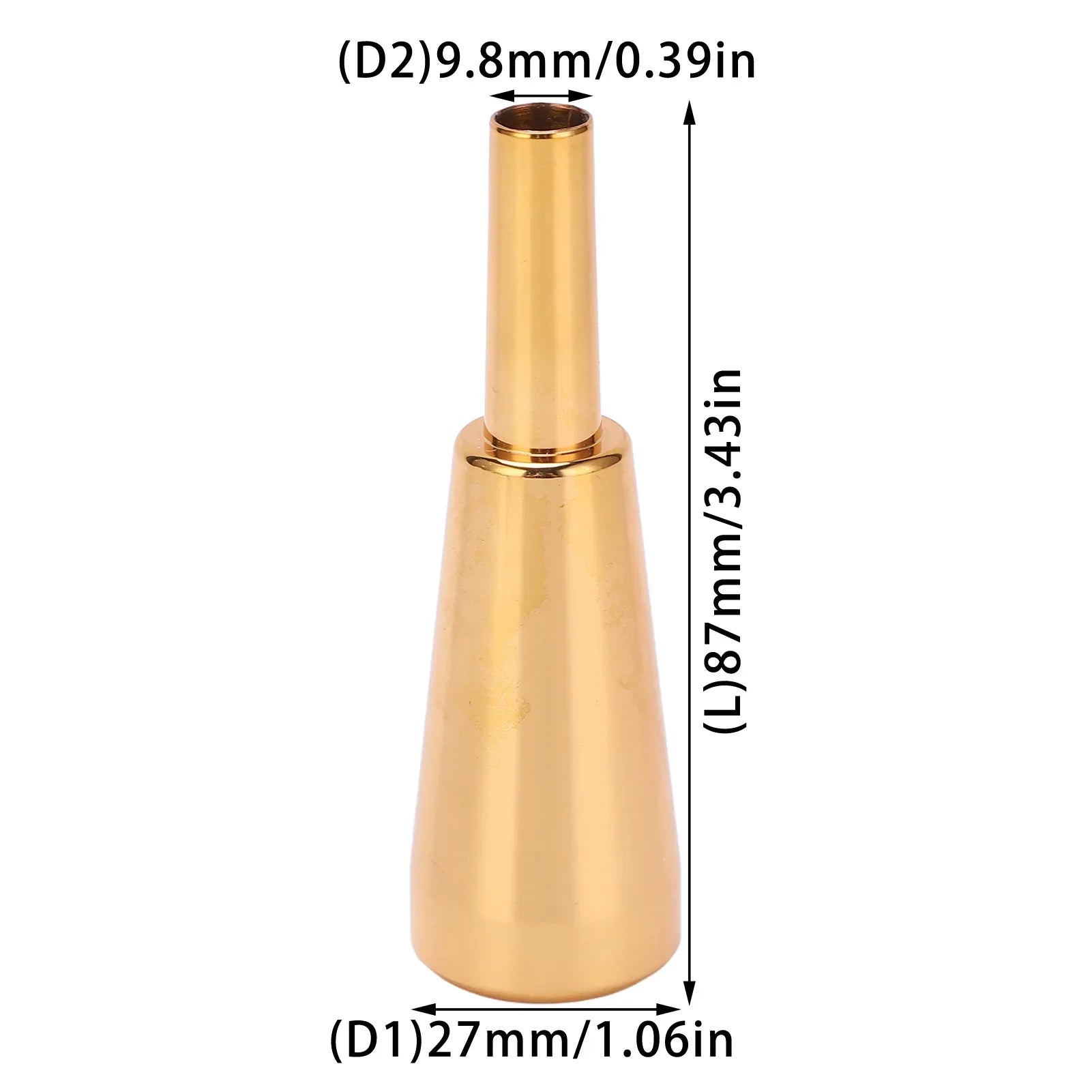 Gold-colored metal trumpet mouthpiece brass with tapered cylindrical shape for bright tone woodwind musical instrument parts