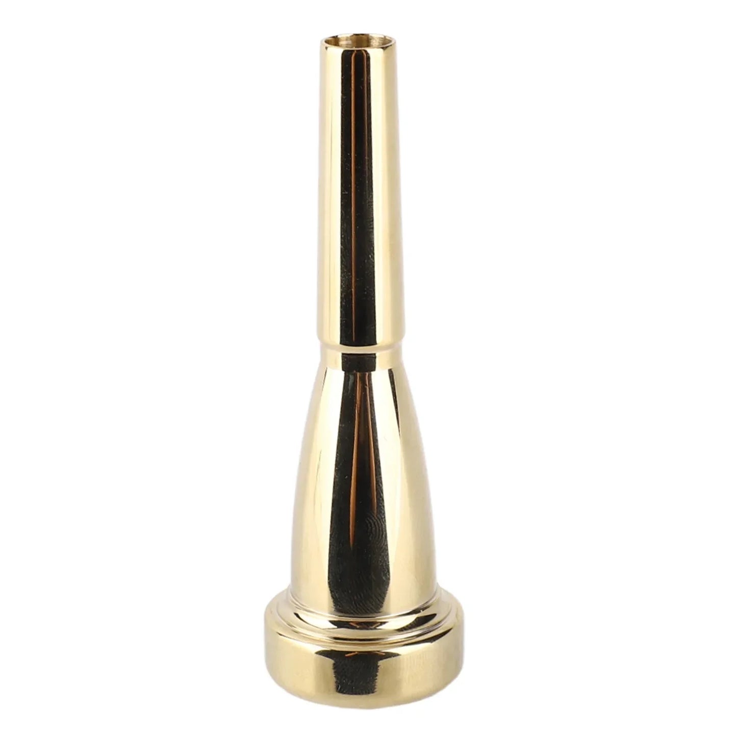 Gold-colored trumpet mouthpiece brass with polished reflective surface and tapered design for bright tone woodwind musical instrument
