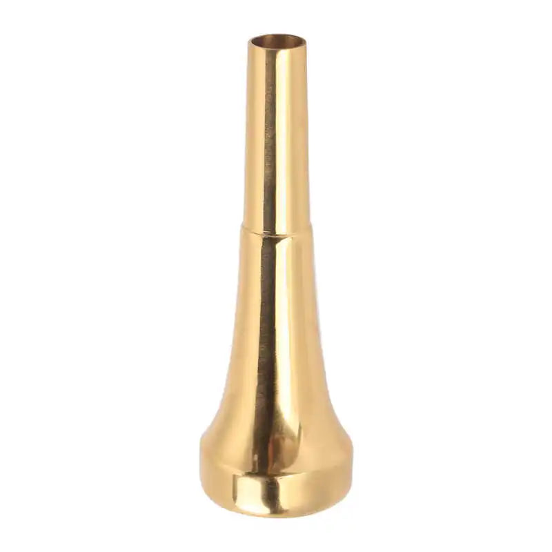 Golden brass trumpet mouthpiece with polished reflective surface and tapered design for bright tone woodwind musical instrument