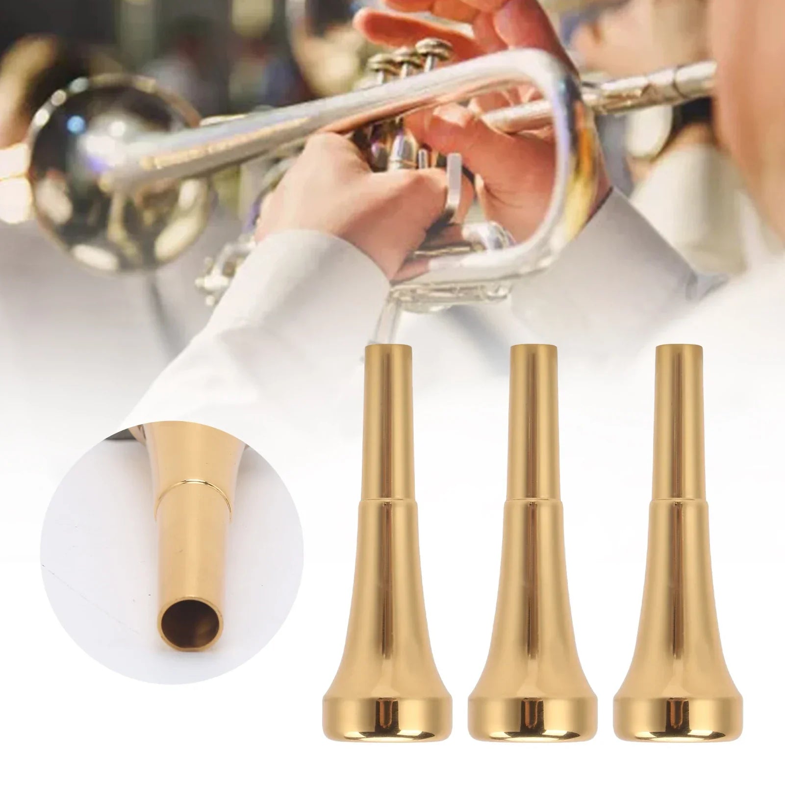 Three polished golden brass trumpet mouthpiece brass with tapered design for bright tone woodwind musical instrument parts