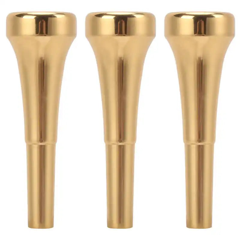 Three gold-colored brass trumpet mouthpieces with polished finish for bright tone woodwind musical instrument parts