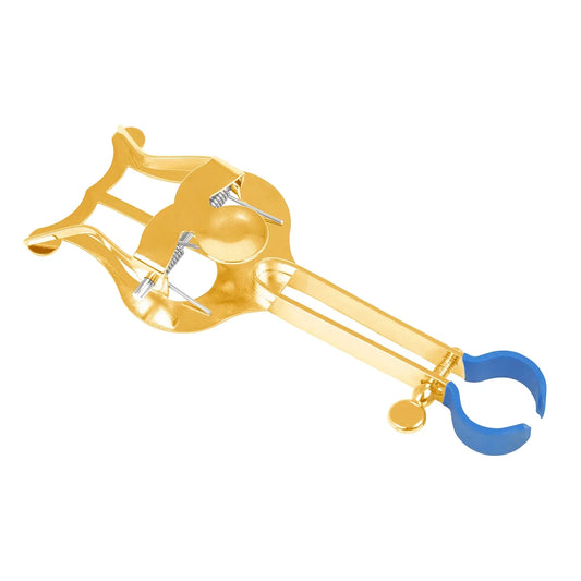 Gold-colored metal trumpet music stand portable clip with blue rubber grip and charm for brass instrument trombone use