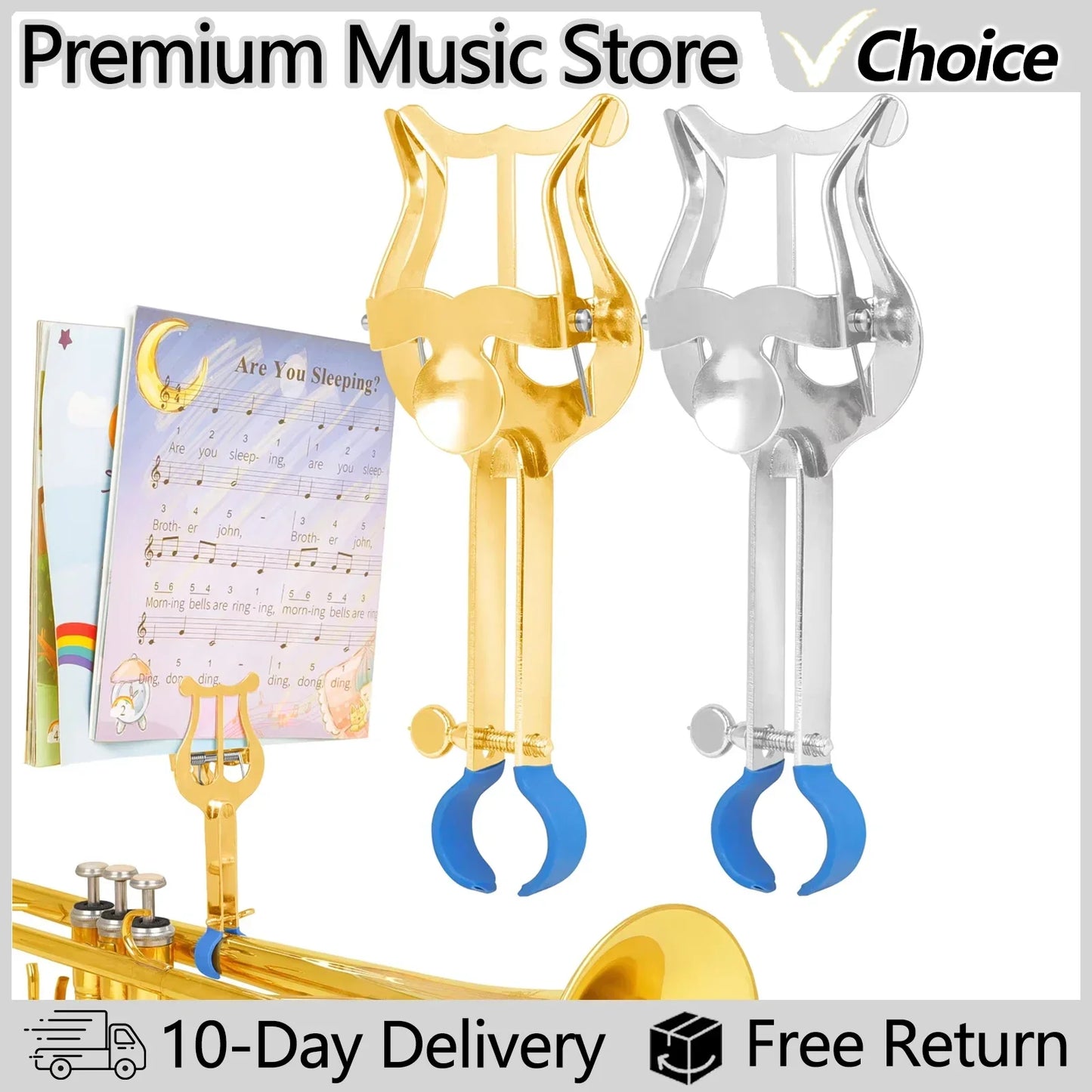 Gold and silver harp-shaped trumpet music stand portable clips with blue rubber grips made of durable metal iron for brass instruments