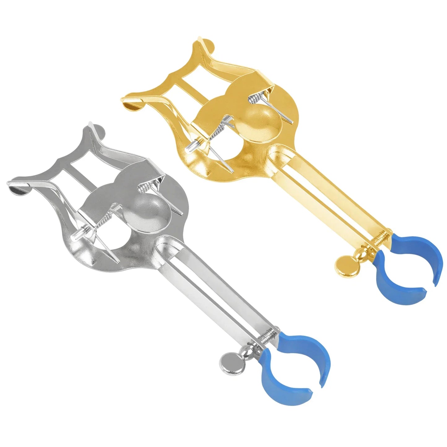 Silver and gold-colored metal cello bows with blue plastic clamps shown alongside a trumpet music stand portable clip accessory