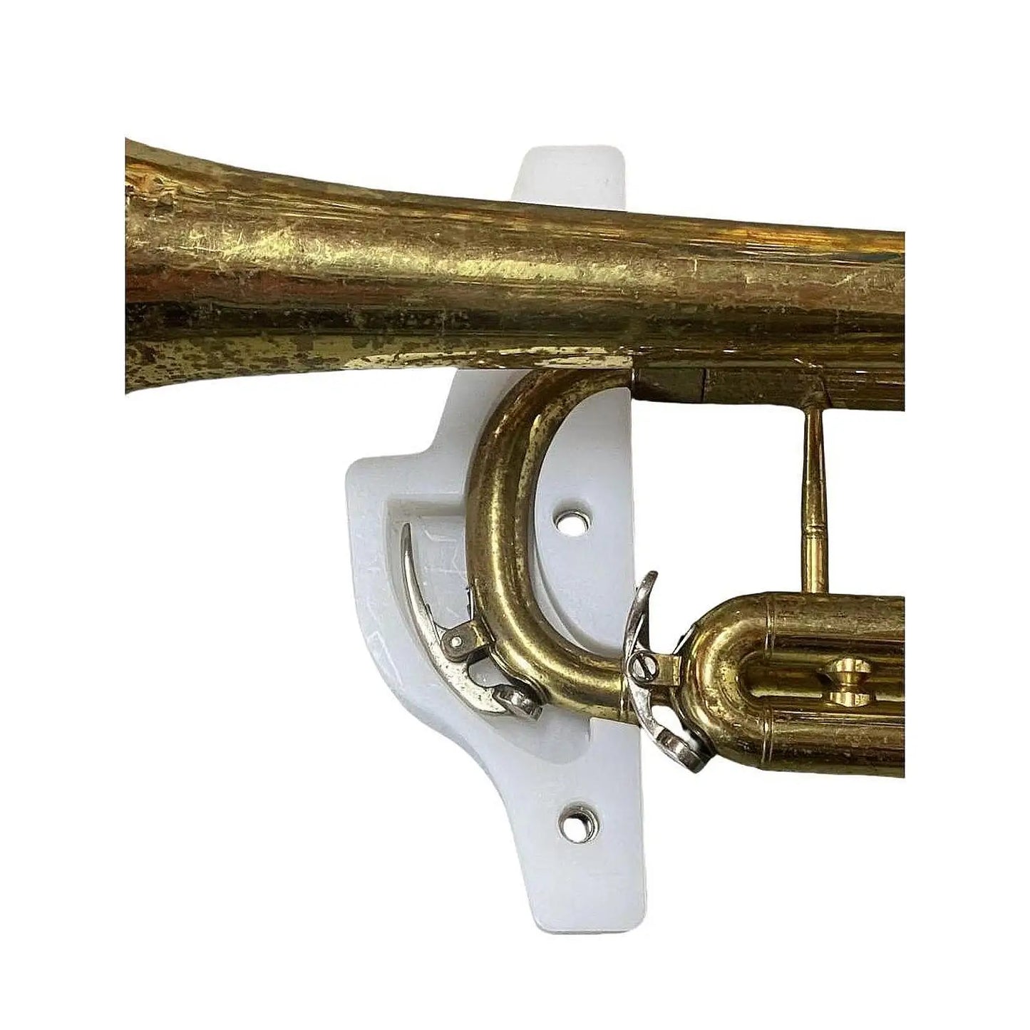 White plastic trumpet wall mount holding a brass instrument for trumpet repair and winds instrument repair tool brass use