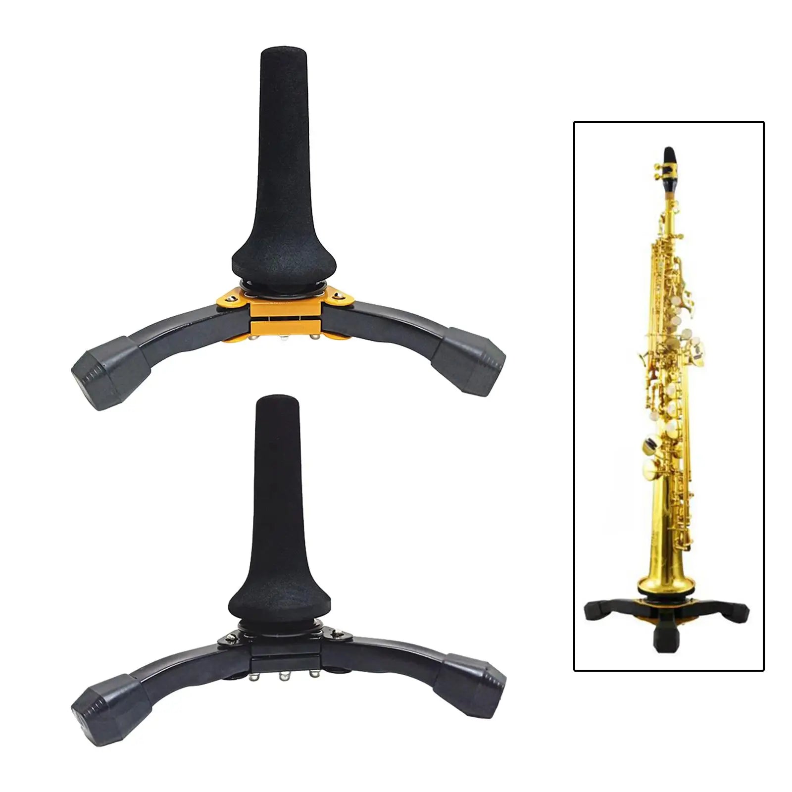 Black and gold lightweight soprano saxophone stand with padded neck support also suitable as clarinet stand bracket and oboe stand holder