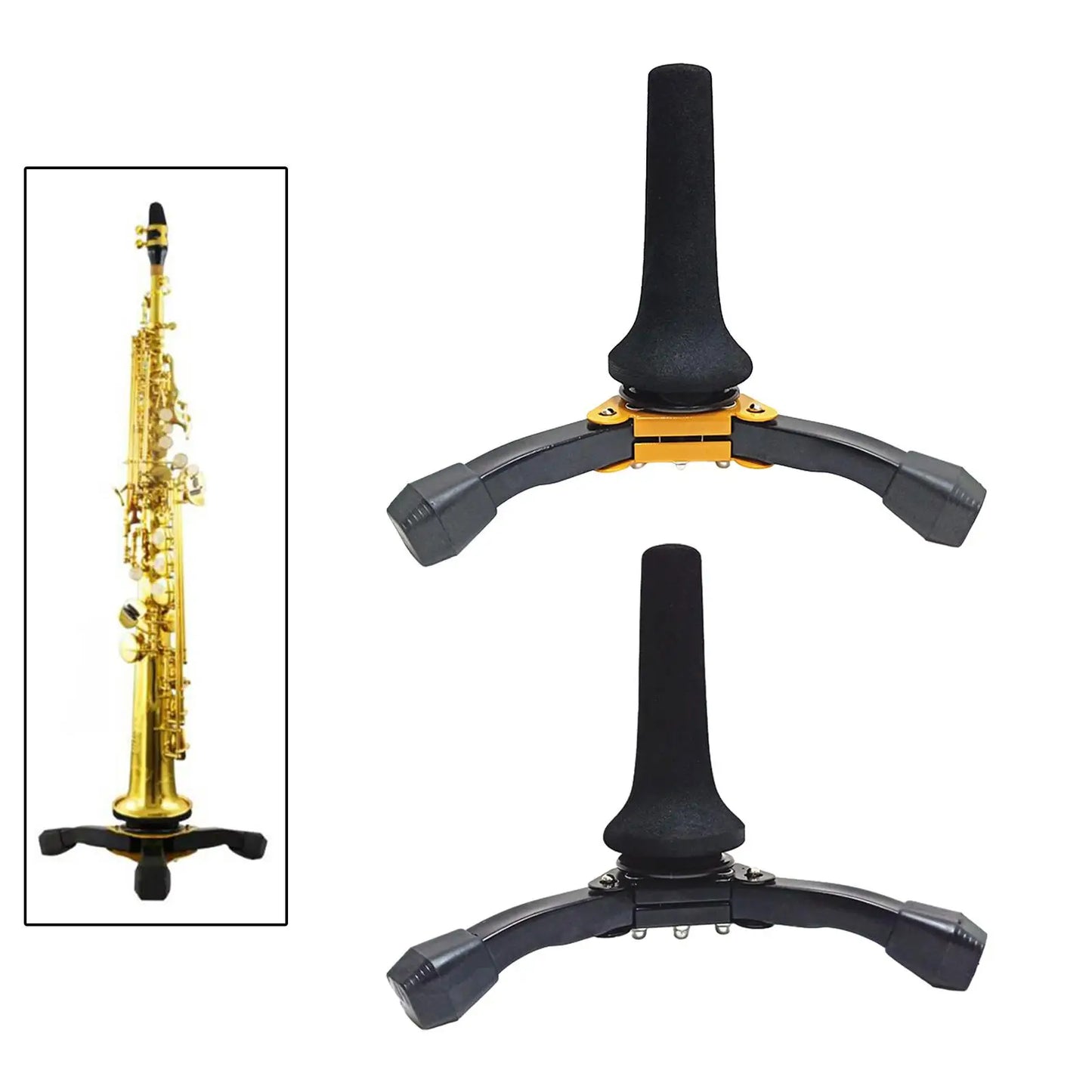 Black and gold ergonomic saxophone stand with padded support for alto saxophone ideal as soprano saxophone stand clarinet stand bracket or oboe stand holder