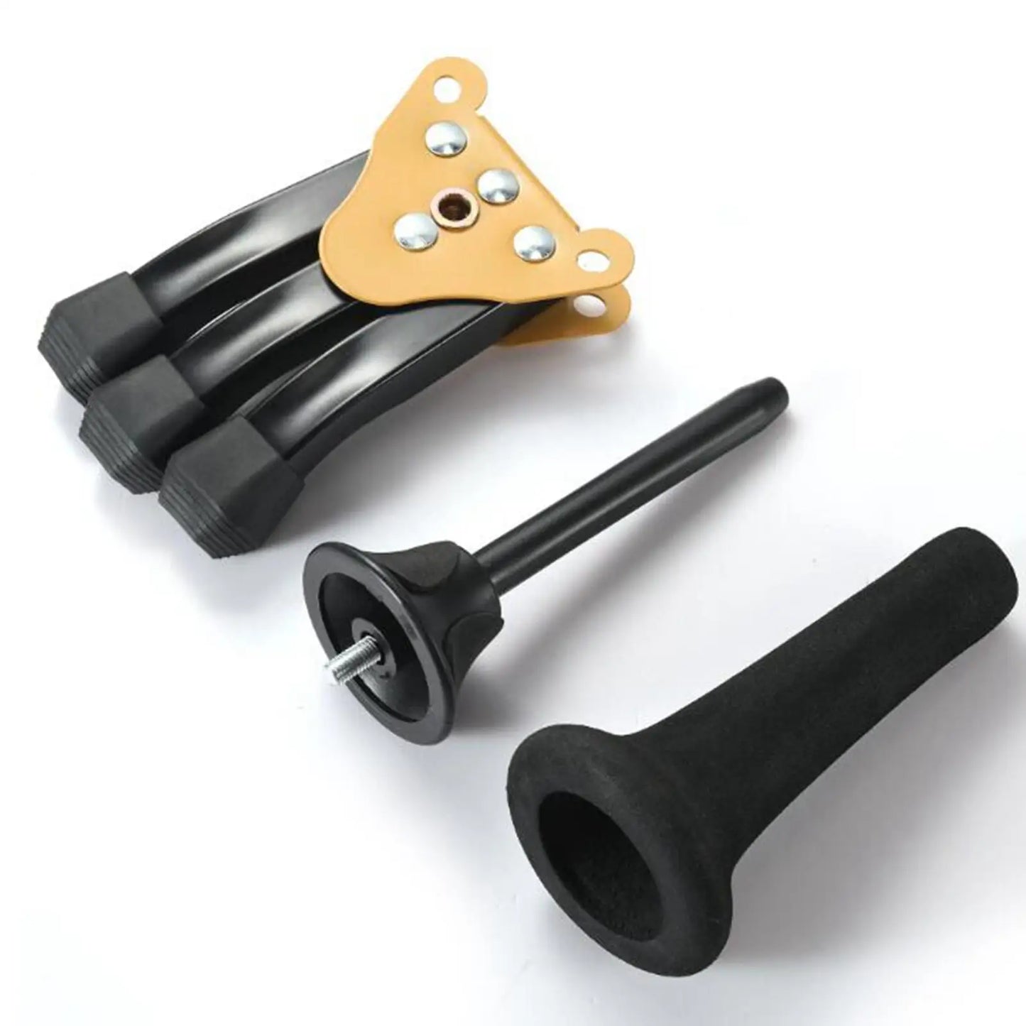 Black rubber suction cup feet with gold metal plate and black handles for oboe stand holder clarinet stand bracket