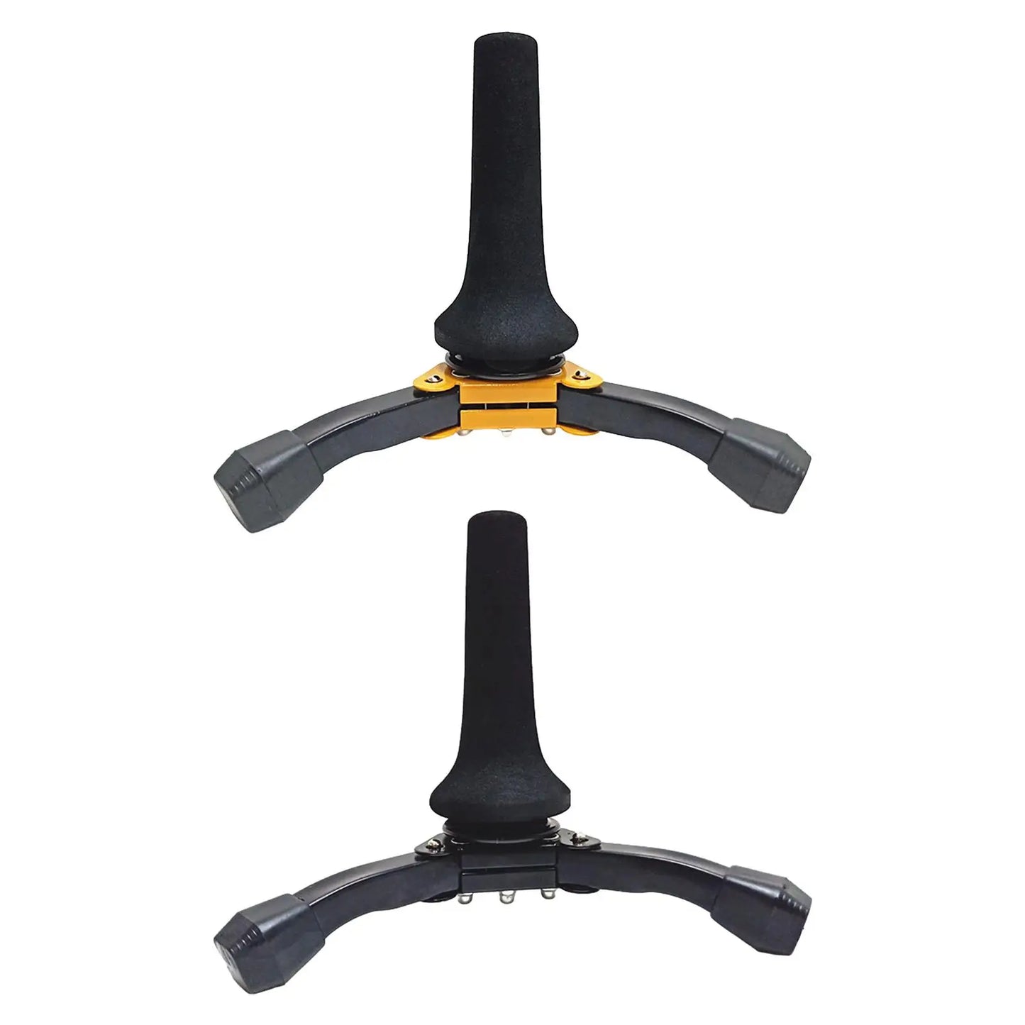 Black tripod stand with gold metal joints and rubber grips designed as a lightweight oboe stand holder and clarinet stand bracket