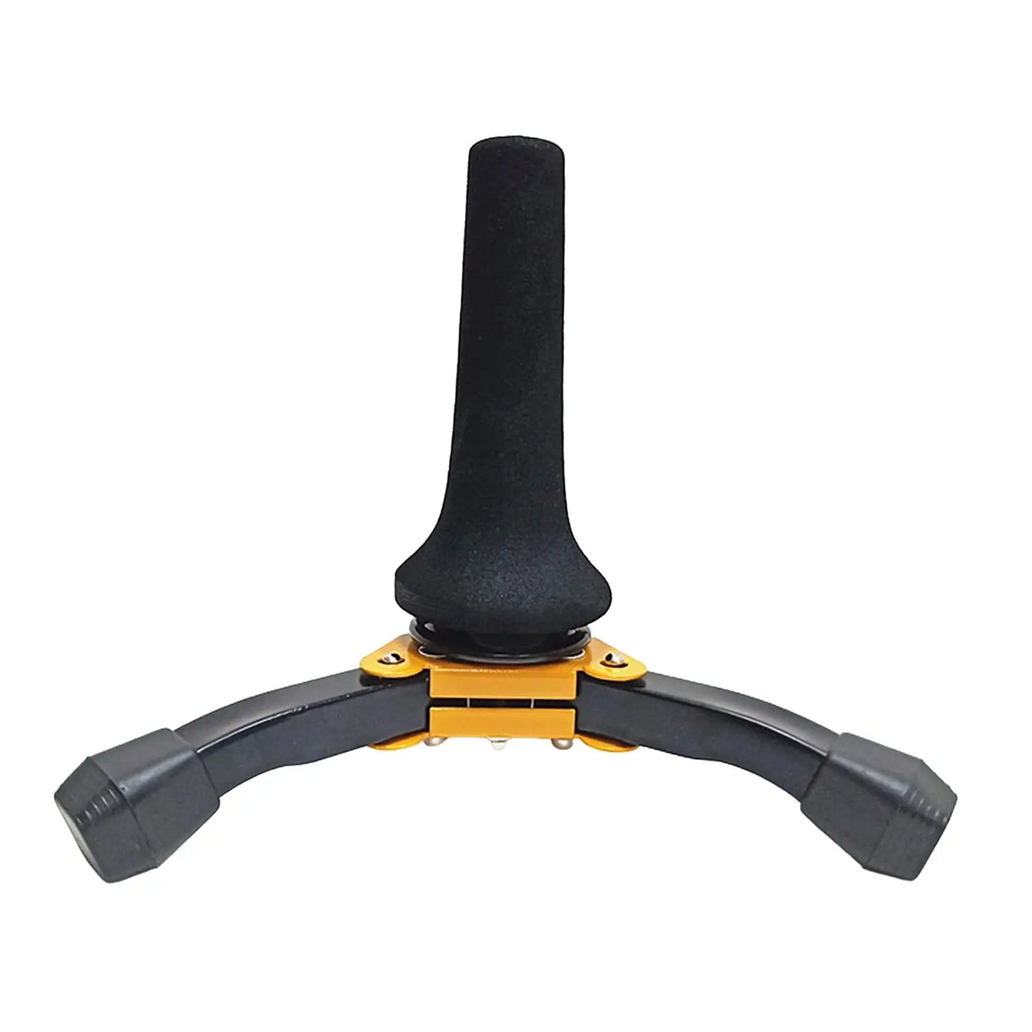 Black and yellow tripod-style handle with textured grip for lightweight oboe stand holder and clarinet stand bracket