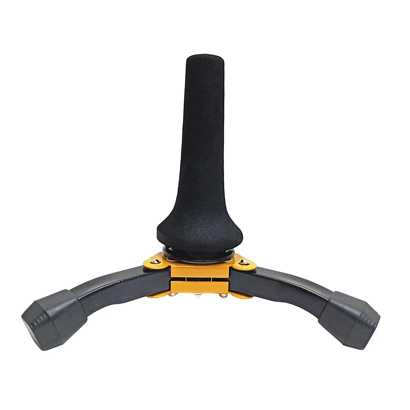Black and yellow tripod-style handle with textured grip for lightweight oboe stand holder and clarinet stand bracket