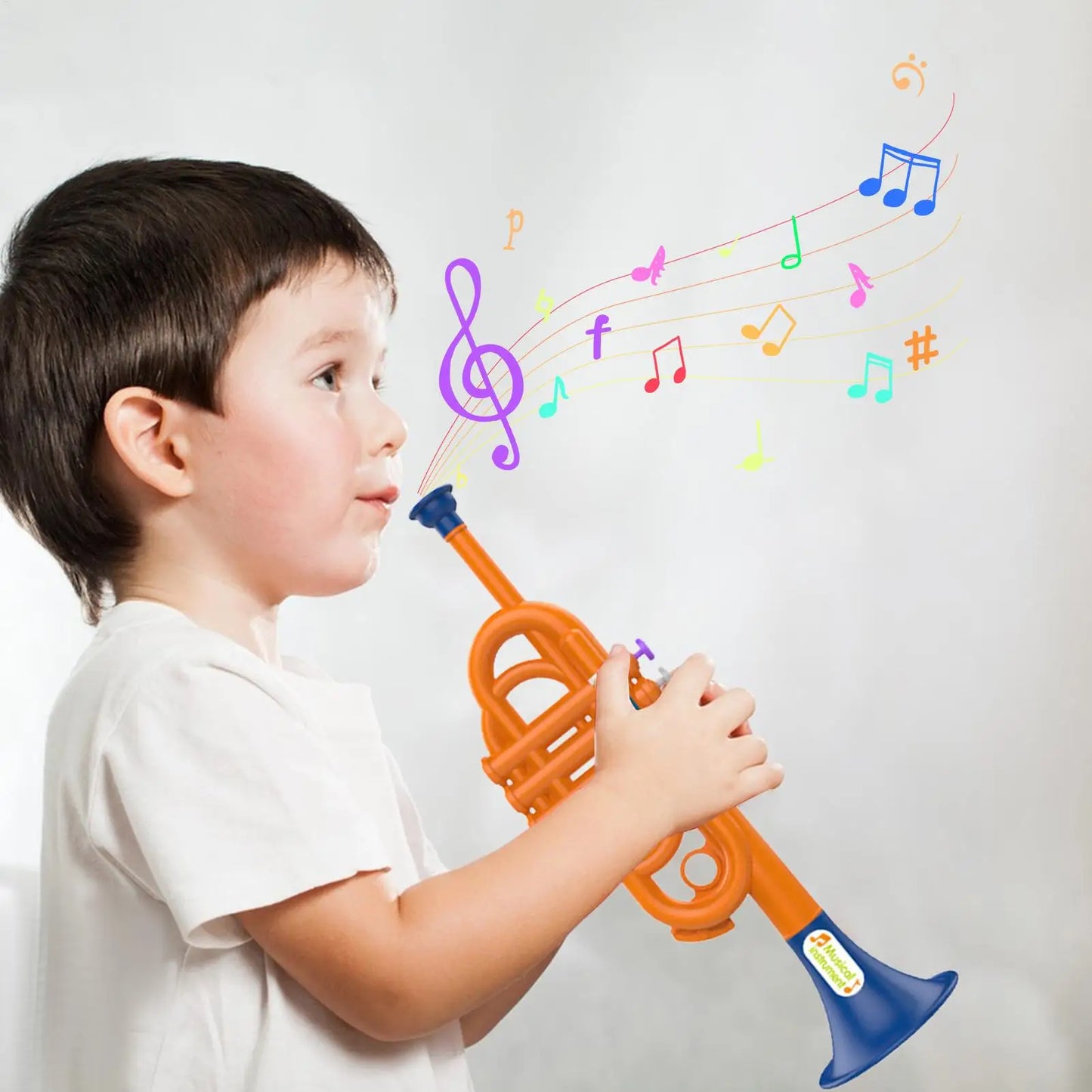 Orange and blue plastic trumpet toy with floating musical notes for kids boys educational early childhood musical use