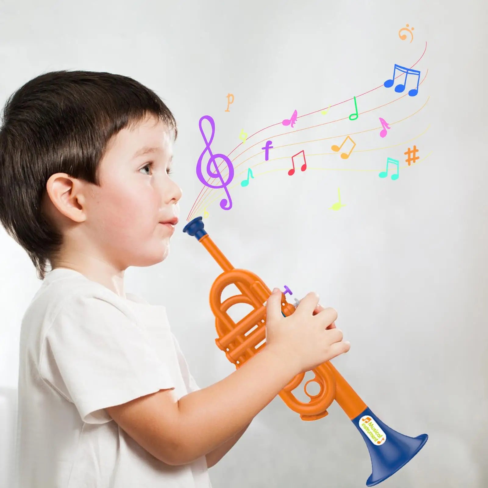 Orange and blue plastic trumpet toy with floating musical notes for kids boys educational early childhood musical use