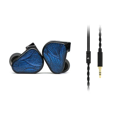 Blue wood-grain truthear x crinacle zero blue2 in-ear monitors with black accents and gold 3.5mm plug using dynamic vocalism principle