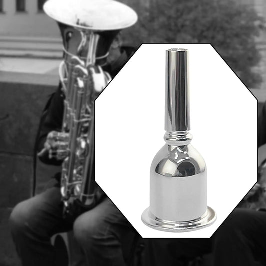 Shiny silver plated tuba mouthpiece with flared bell and tapered neck for musical instrument parts and accessories