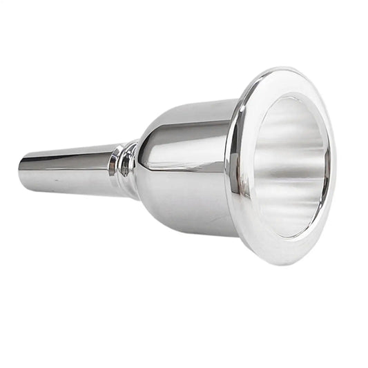 Silver plated tuba mouthpiece with flared bell and tapered tube designed for brass instrument accessories