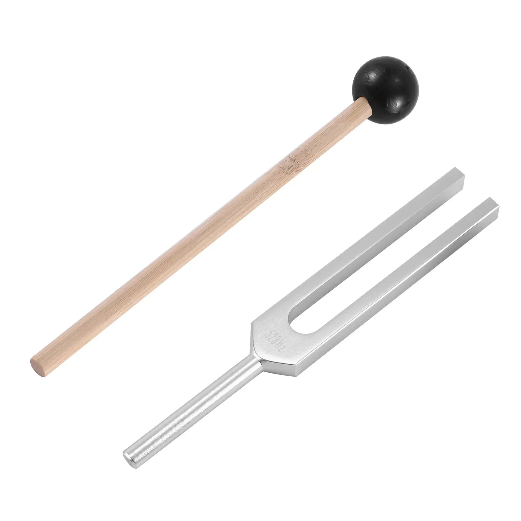 Silver tuning fork with wooden handle and black silicone hammer head with cleaning cloth perfect for healing musical instrument use