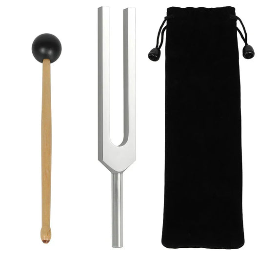 Silver tuning fork 528 hz with black silicone hammer and cleaning cloth perfect for healing musical instrument use