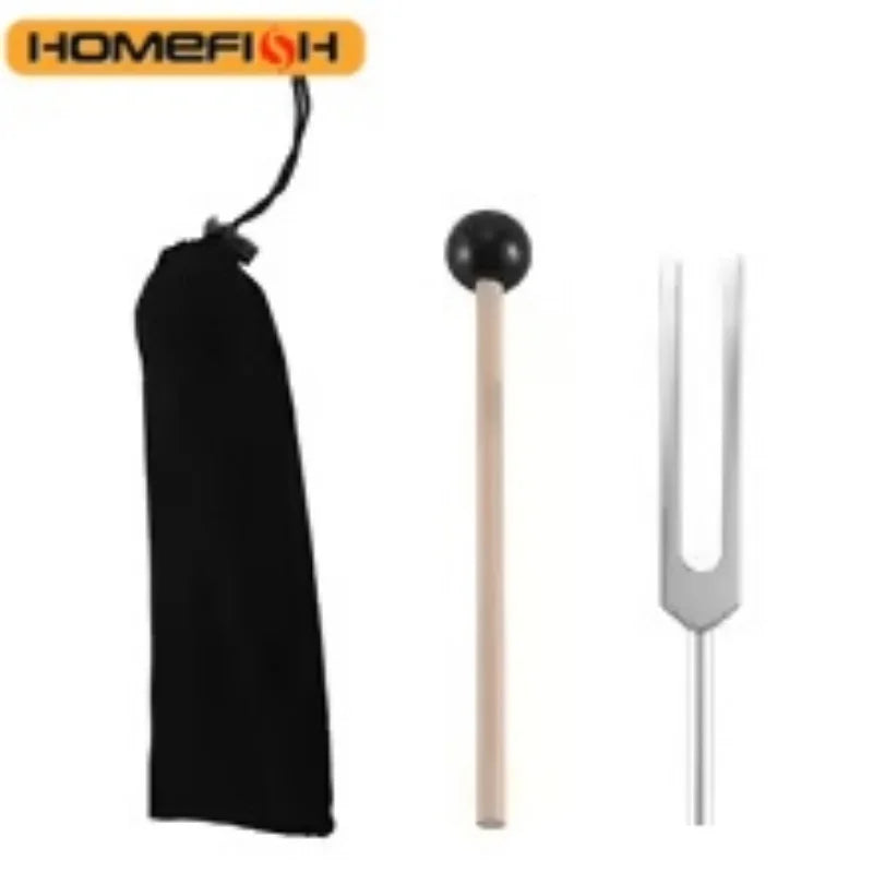 Silver tuning fork 528 hz with black silicone hammer and black velvet pouch for stress alleviation and healing musical instrument