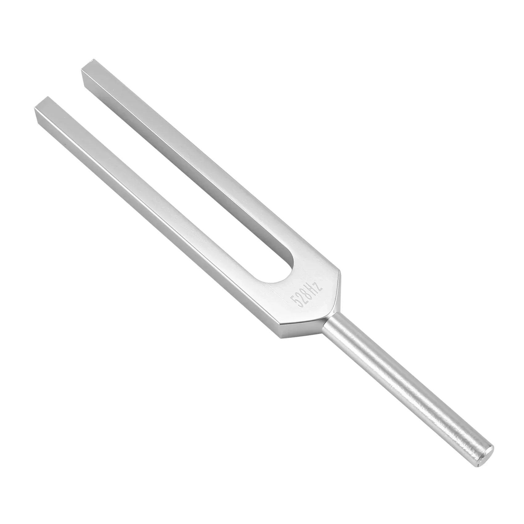 Silver metal tuning fork with polished reflective surface and 420hz engraving for healing musical instrument use