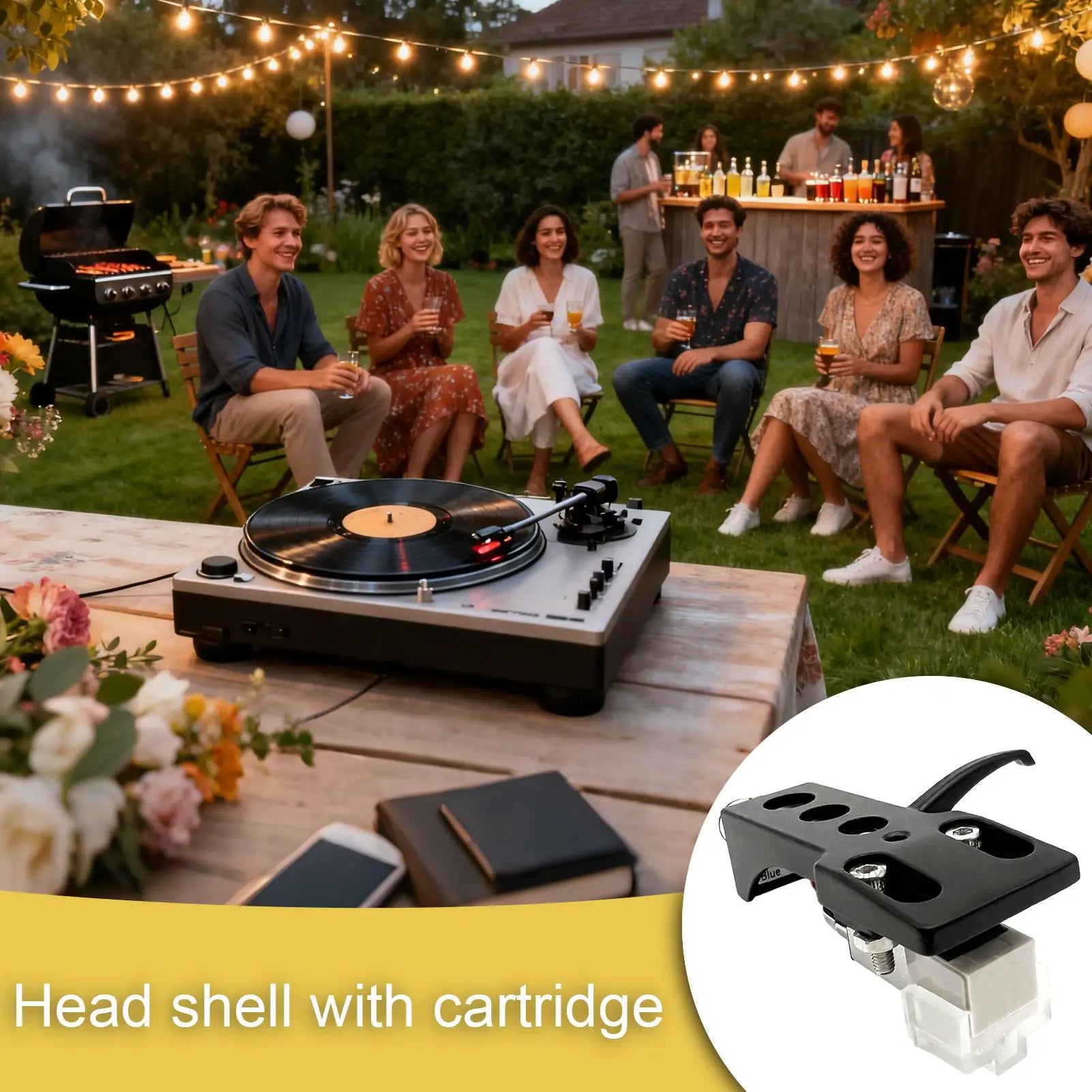 Black head shell with cartridge for turntable featuring easy-mount adjustable record playing for studio monitoring routine