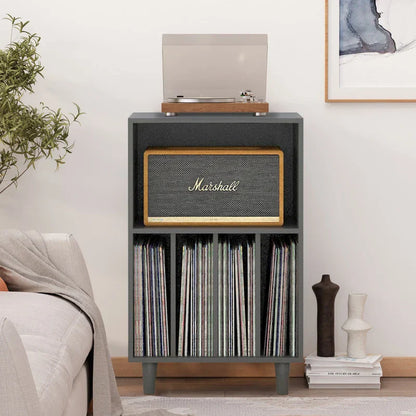 Dark gray marshall speaker with textured grille and gold trim in wooden media console turntable stand for music lover decor