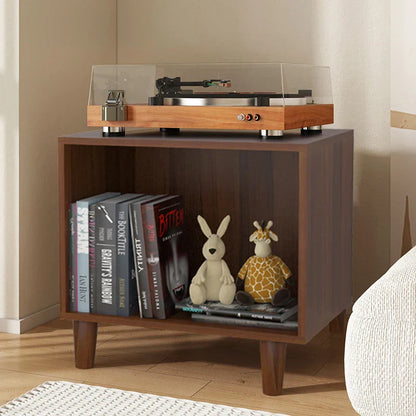 Wooden media console turntable stand with multi-shelf design holding record player books and stuffed animals