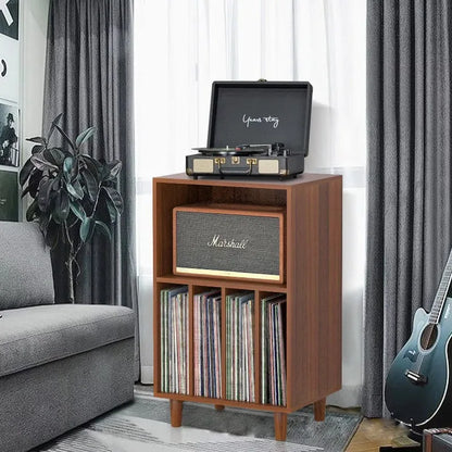 Brown wooden media console turntable stand with marshall speaker and vinyl records for music lover decor