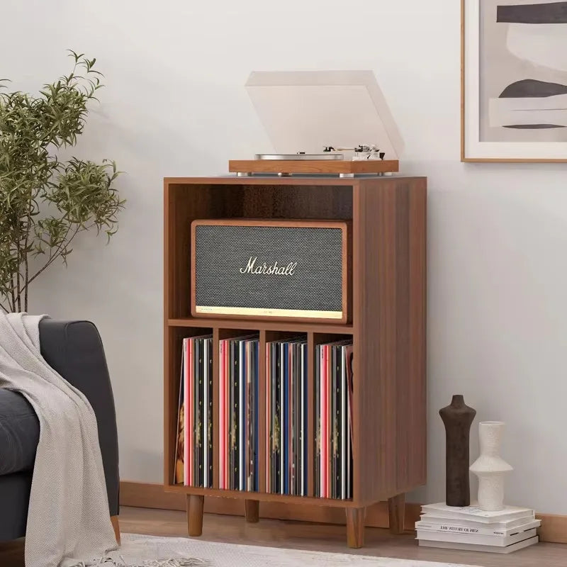 Marshall wooden media console with textured gray speaker grille and vertical vinyl storage slots for music lover decor