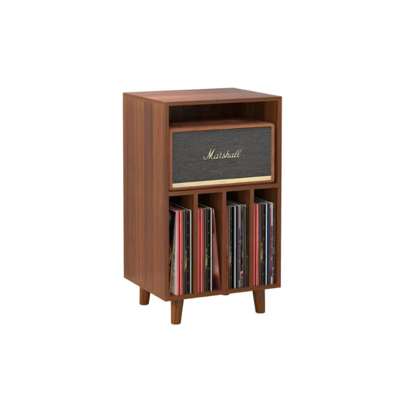Marshall-branded wooden media console with textured black speaker grille and vertical slots for vinyl records turntable stand