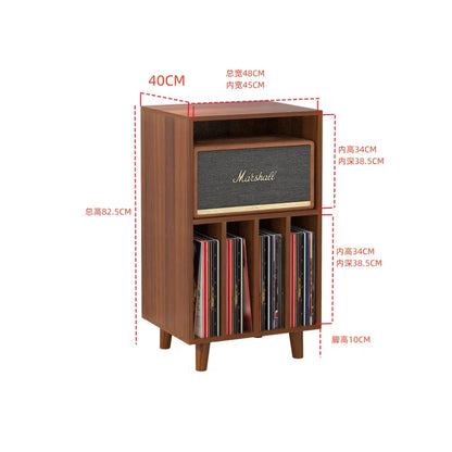 Brown wooden media console with integrated marshall speaker and vertical vinyl slots turntable stand for music lover decor