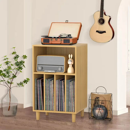 Light wood wooden media console turntable stand with four compartments holding vinyl records for music lover decor