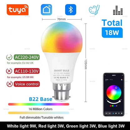 A sleek white tuya bluetooth led bulb lamp with b22 base dimmable 16 million colors and group control feature