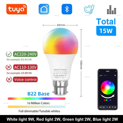 A sleek white tuya bluetooth led bulb lamps dimmable b22 base with 16 million colors and group control features