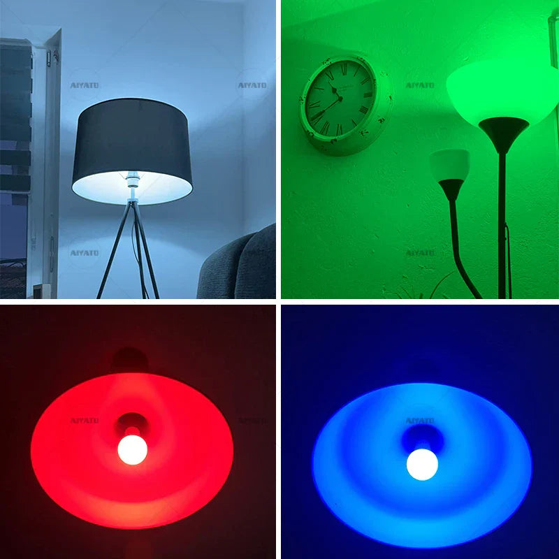 Black drum-shaped lamp with white interior and tripod base shown in four lighting settings featuring tuya bluetooth led group control bulb lamps dimmable