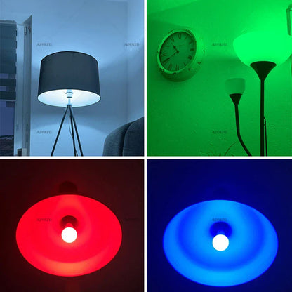 Black drum-shaped lamp with white interior and tripod base shown in four lighting settings featuring tuya bluetooth led group control bulb lamps dimmable